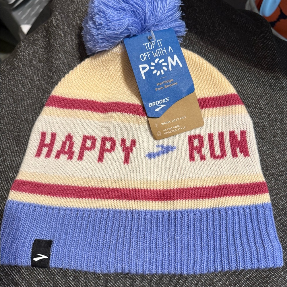 Brooks OSFA Pom Beanie - Blue, Cream, and Red